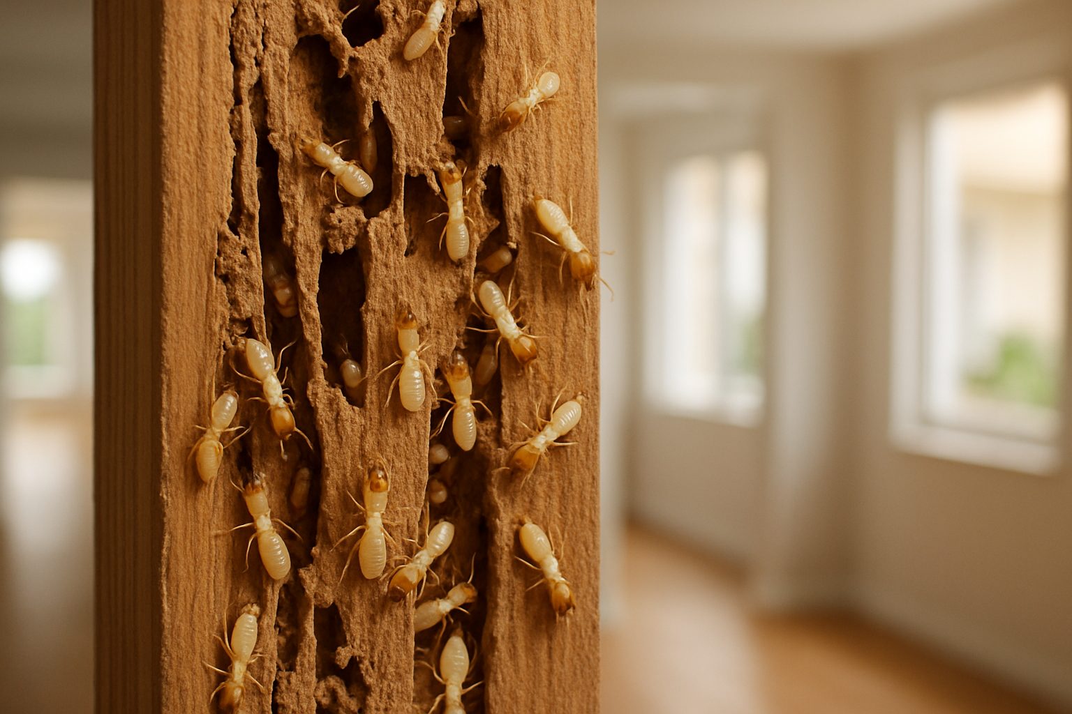 El Niño and Pest Surges: Why Pest Control in Manila Is Essential This Season 2 Close-up of termite damage on a wooden beam, illustrating increased pest activity.
