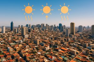Aerial view of Manila cityscape on a sunny day with a heat symbol overlay depicting El Niño. el-ni-o-and-pest-surges-why-pest-control-in-manila-is-essent-featured-0