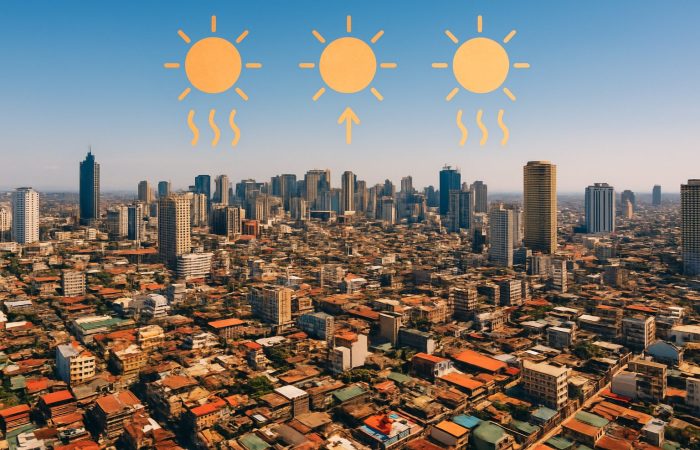 El Niño and Pest Surges: Why Pest Control in Manila Is Essential This Season 1 Aerial view of Manila cityscape on a sunny day with a heat symbol overlay depicting El Niño.