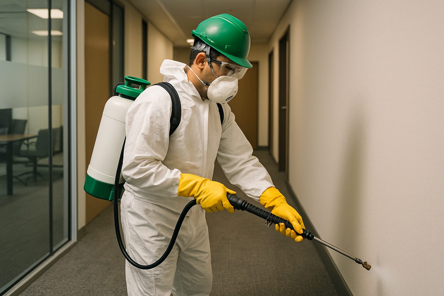 Fumigation Services in Makati: Ensuring Safe Workplaces Post-Typhoon 2 Pest control technician with fumigation equipment in an office hallway, Makati, focusing on corner areas.