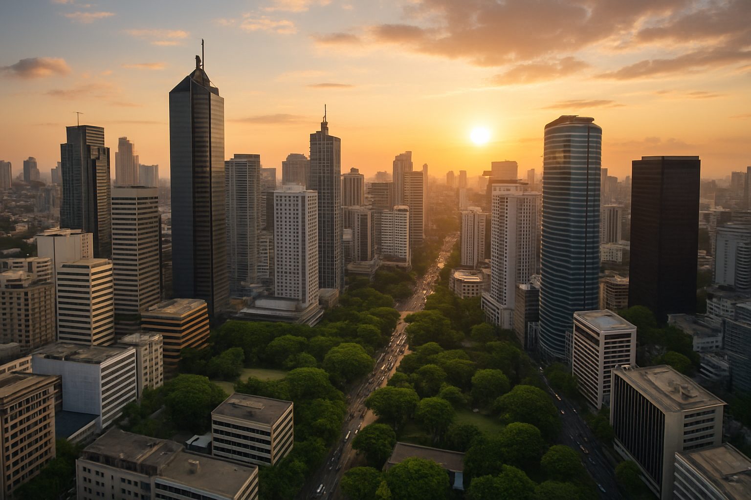 Fumigation Services in Makati: Ensuring Safe Workplaces Post-Typhoon 3 Bird's-eye view of Makati business district with dense urban landscape and sunset glow.