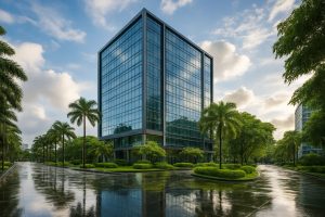 Modern office building in Makati with wet ground, post-rainstorm, under a clearing sky. fumigation-services-in-makati-ensuring-safe-workplaces-post-featured-0