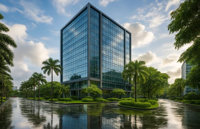 Fumigation Services in Makati: Ensuring Safe Workplaces Post-Typhoon 1 Modern office building in Makati with wet ground, post-rainstorm, under a clearing sky.